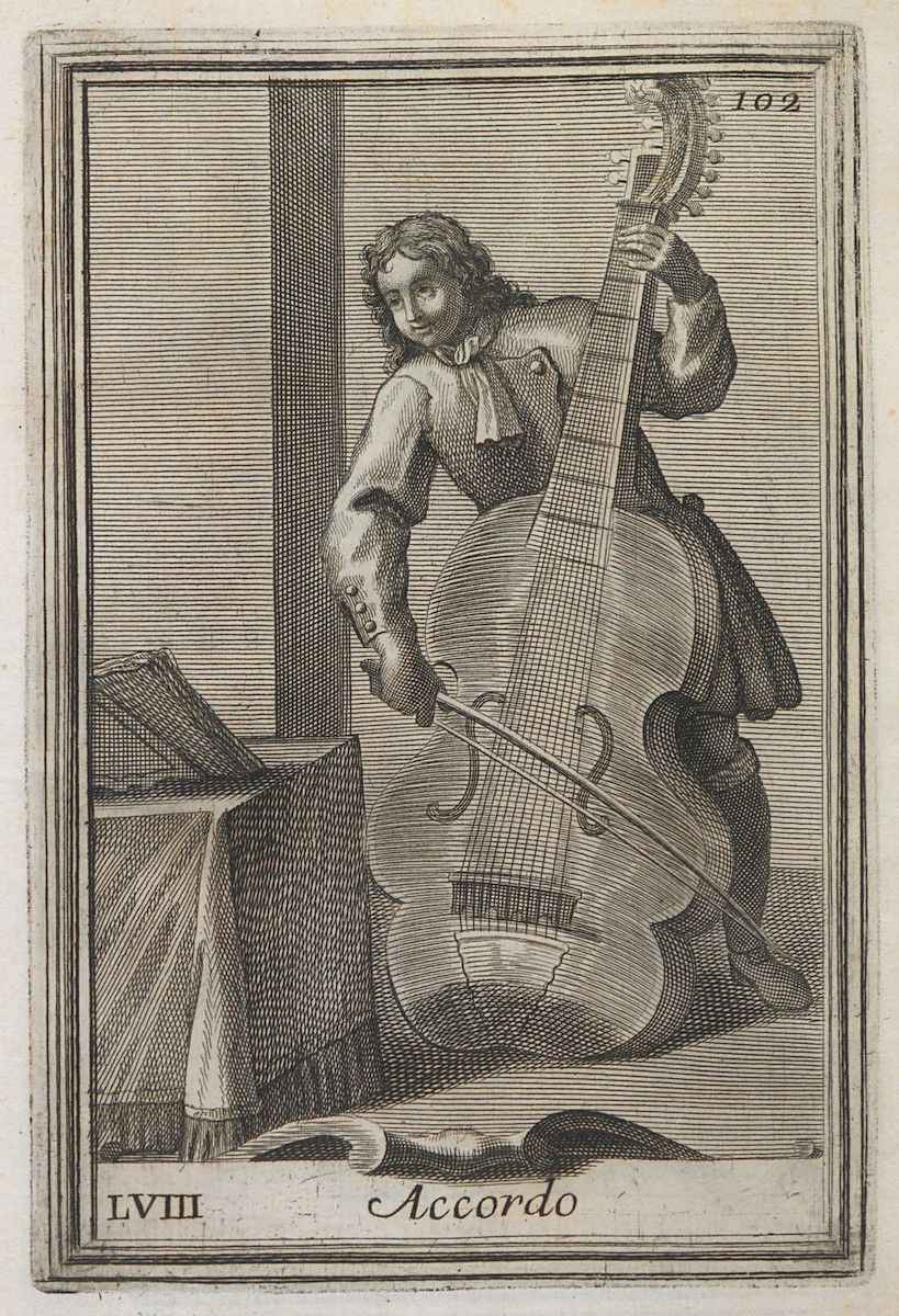 A black and white engraving of a man playing the cello.