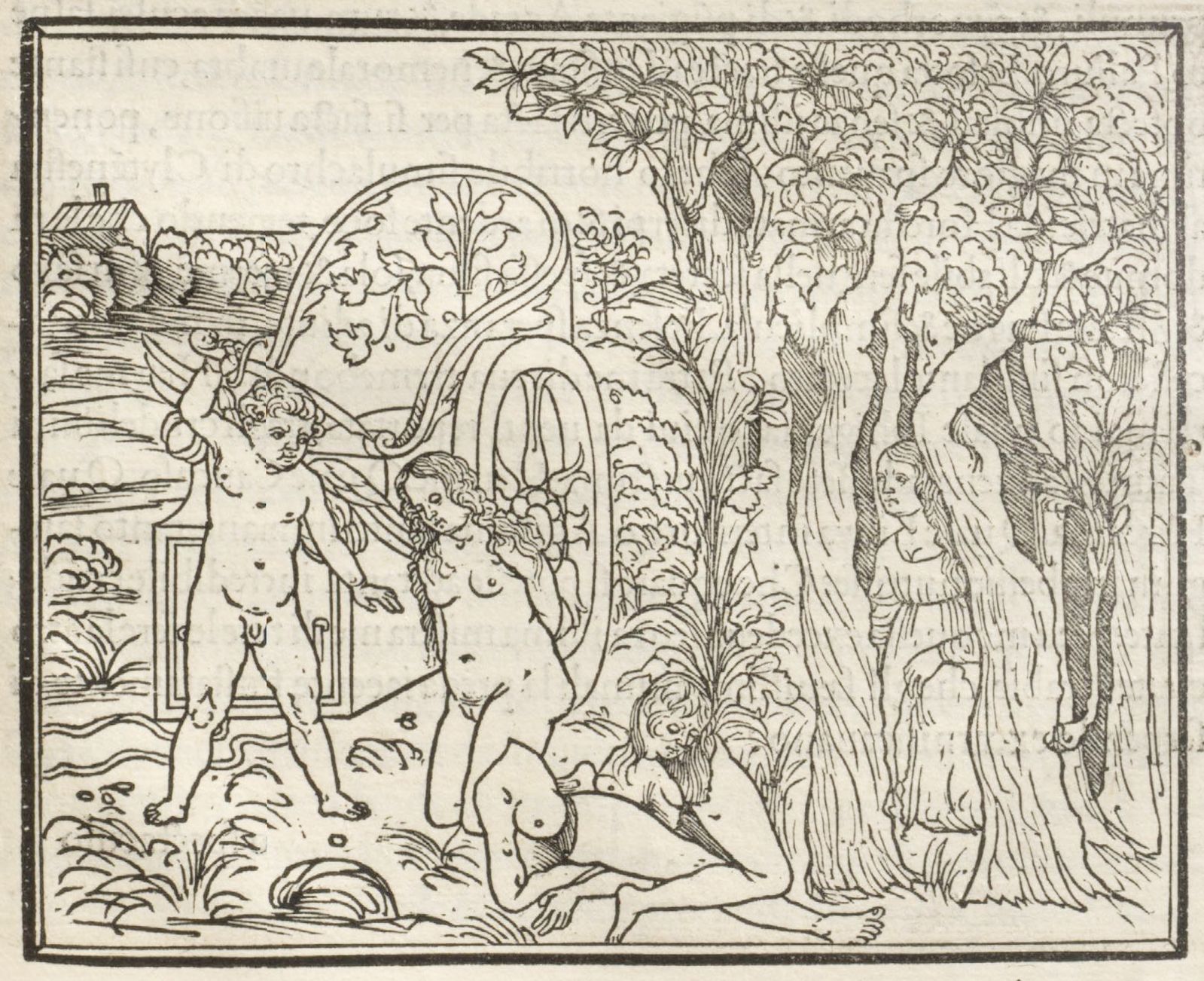 Black and white woodcut illustration of three nude figures near a body of water and a cluster of trees. A young boy or angel holds a large, ornate wheel or halo above his head.