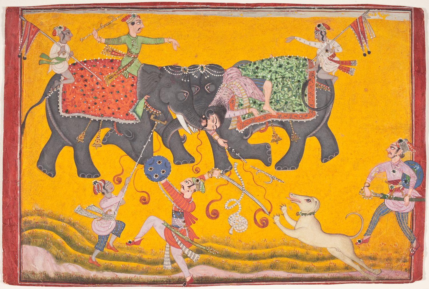 A vibrant and detailed painting depicting a battle scene with two elephants, riders, and figures engaged in combat on a grassy ground.