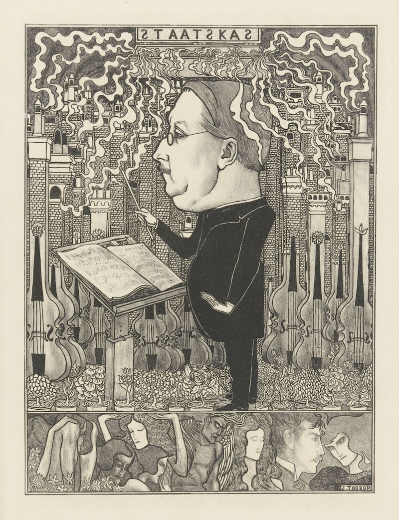 A black and white illustration of a man conducting music in front of a cityscape.