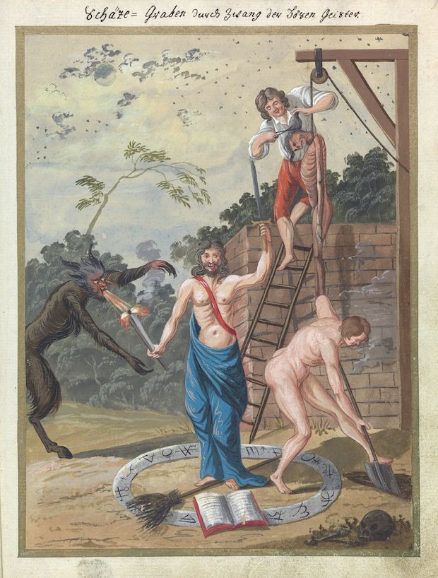 A colorful illustration depicting a ritual with a central figure, a demonic creature, and another man being pulled upwards by a rope.