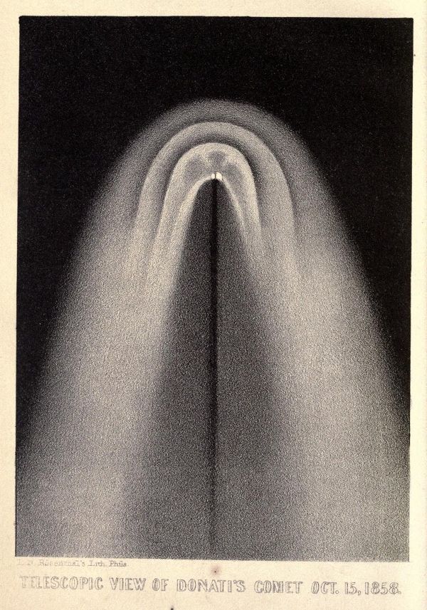 A vintage lithograph of Donati's Comet, showing a bright, fan-like tail radiating from a concentrated head, as observed through a telescope on October 15, 1858.