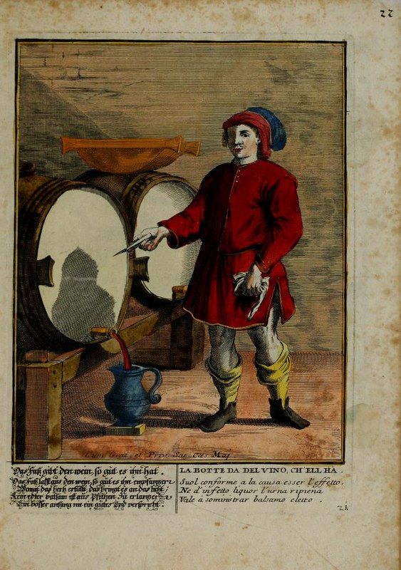 Vintage illustration of a man sampling wine from a barrel.