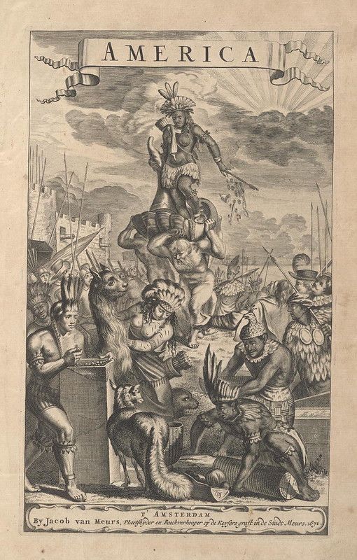 A black and white engraving titled "AMERICA" by Jacob van Meurs, dated 1671, depicting a Native American ritual or ceremony, possibly involving sacrifice or cannibalism.