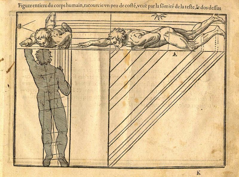 A black and white woodcut illustration depicting a complex arrangement of figures and lines.