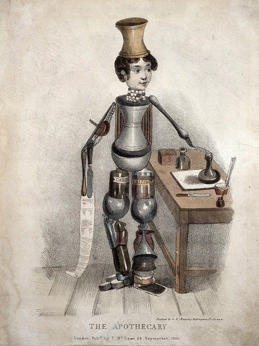 A vintage cartoon titled 'The Apothecary' depicts a person constructed entirely from laboratory glassware, standing next to a small table with apothecary items.