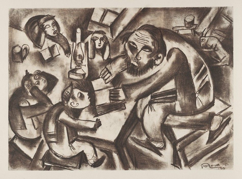 Black and white drawing of a group of people gathered around a table, with an older man reading a book and several children and adults listening or observing.
