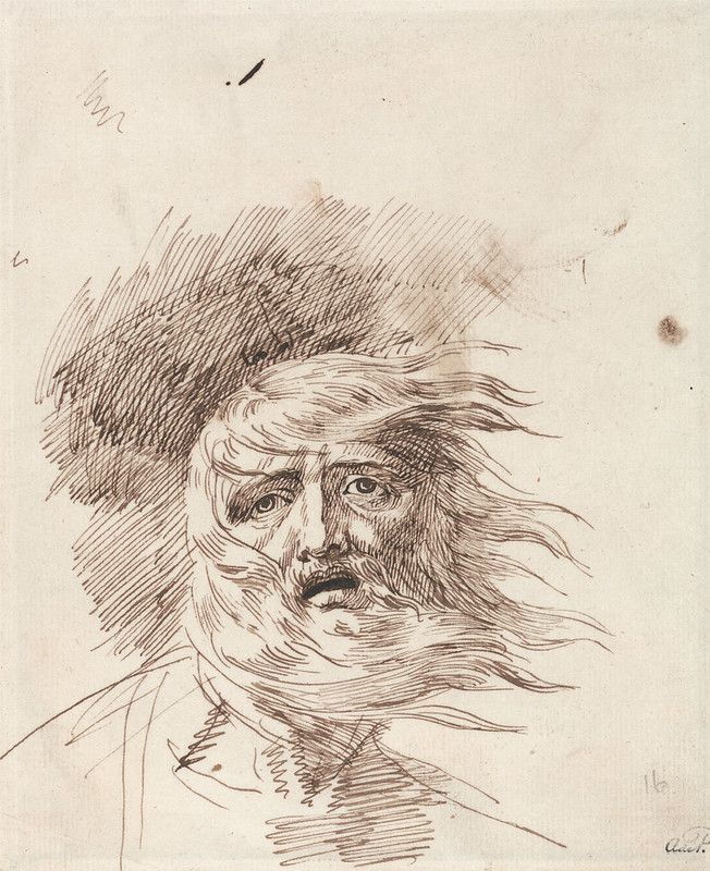 A sepia-toned drawing of a man's face, rendered in a loose, expressive style. The man appears to be in a state of distress or madness. His face is gaunt, with deep-set eyes that convey a sense of anguish. His mouth is slightly open, as if he is gasping for air or crying out. His hair is wild and unkempt, flowing around his face in a chaotic manner. The drawing is done with quick, energetic lines, creating a sense of movement and emotion. The background is a plain, off-white color, which helps to emphasize the figure.