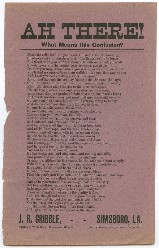 A scan of an old, weathered paper advertisement or broadside titled “Ah There! What Means This Confusion?” with densely packed text and a decorative border.