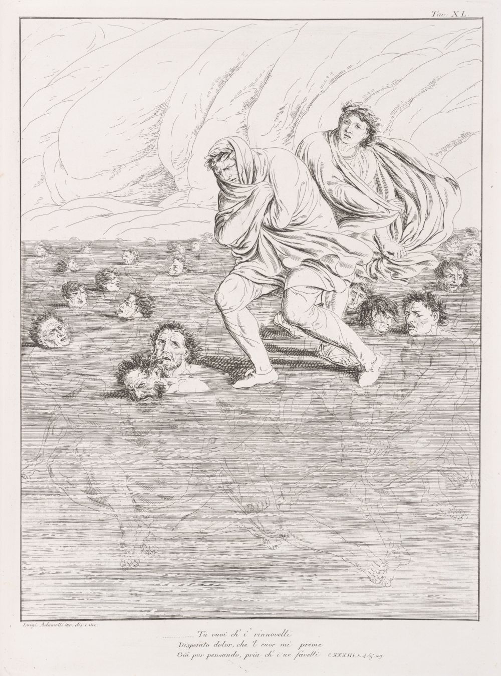 A black and white engraving depicting two figures running through a field littered with disembodied heads.