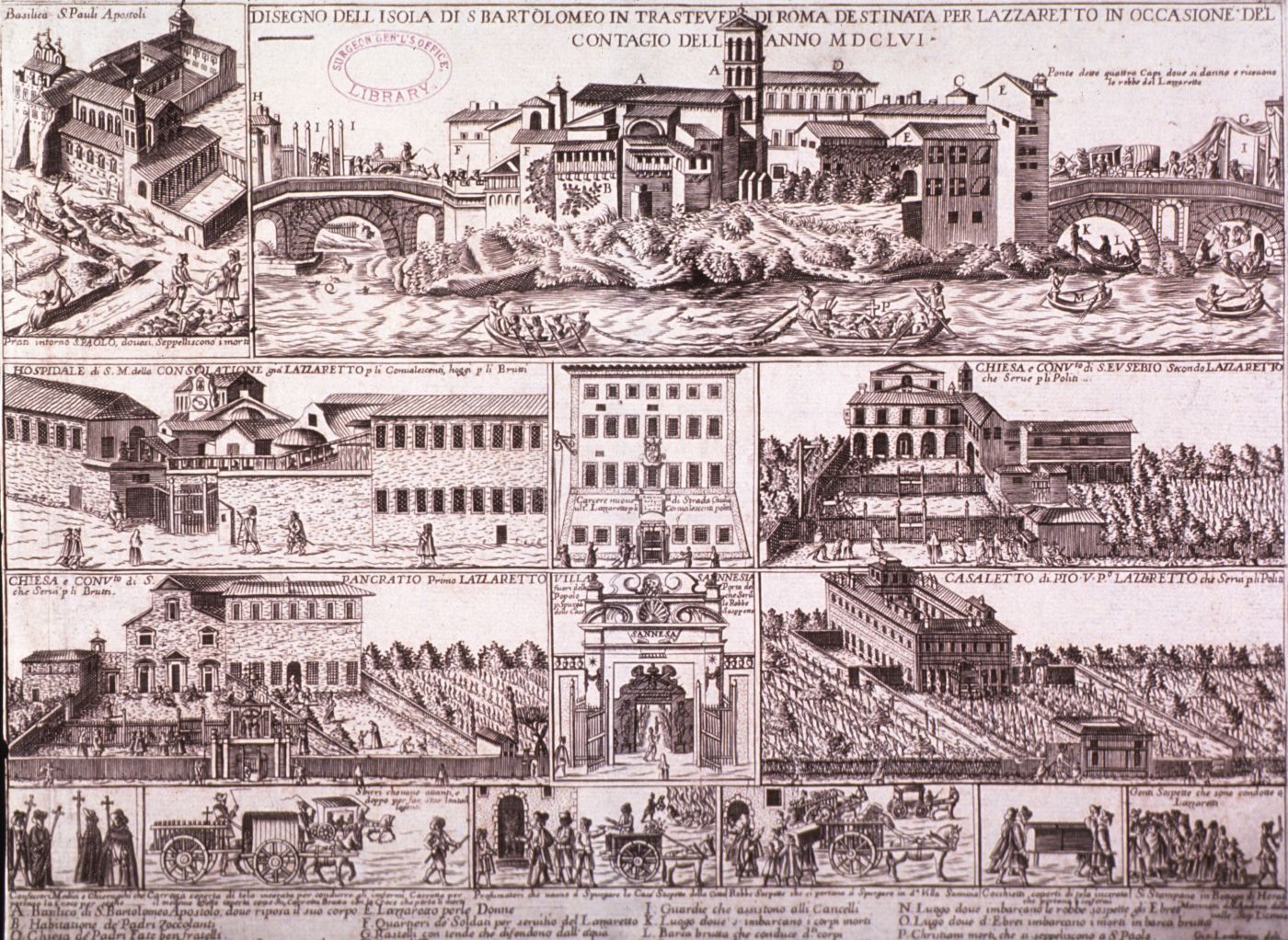 A detailed historical illustration or engraving depicting a cityscape with multiple scenes, including buildings, bridges, streets, hospitals, churches, monasteries, and people engaged in daily life. The style is reminiscent of 17th or 18th-century engravings, with intricate details and a focus on architectural accuracy. The image is labeled with Italian text.