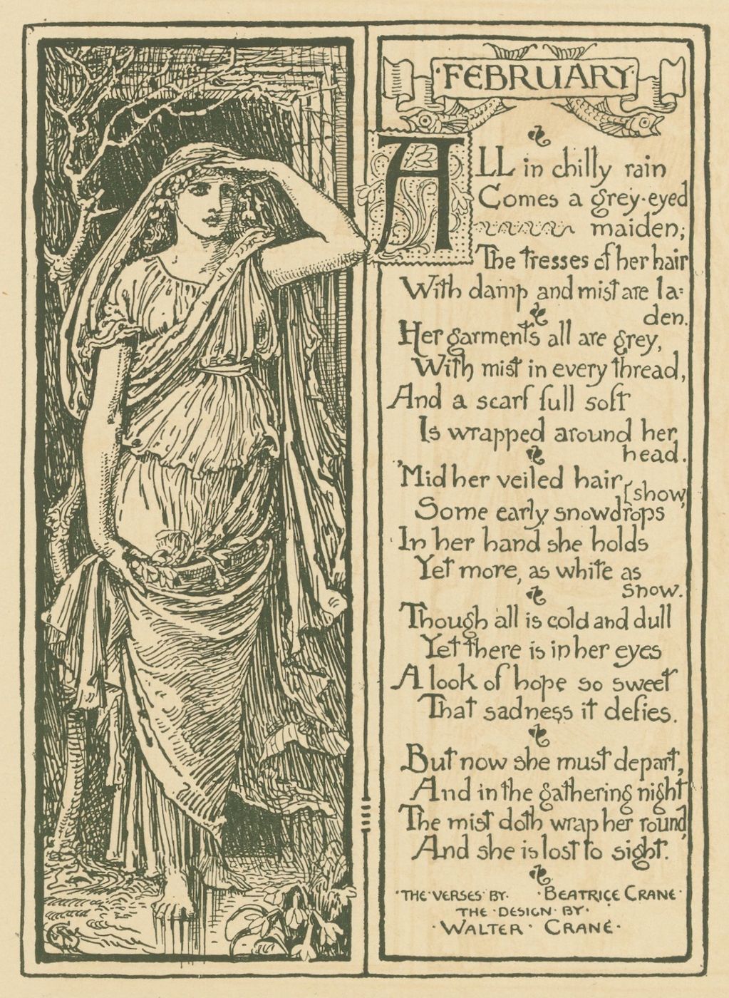 Vintage illustration of a woman in a misty landscape, holding snowdrops, with a poem titled 'February' by Beatrice Crane and design by Walter Crane.