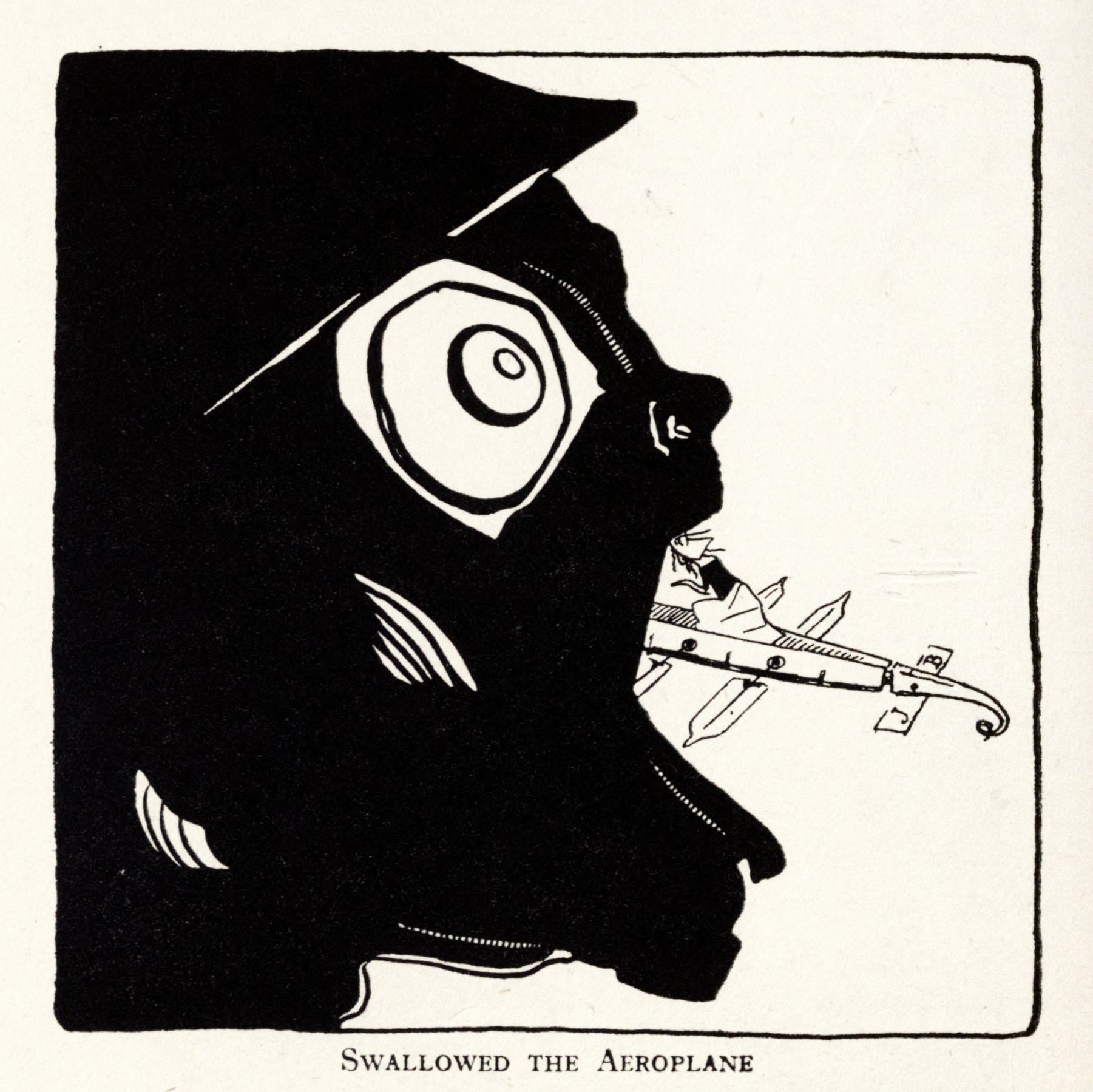 A black and white illustration of an owl swallowing an airplane.