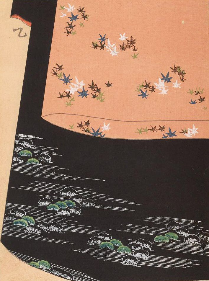 A vintage Japanese woodblock print depicting a pond with lily pads and maple leaves.
