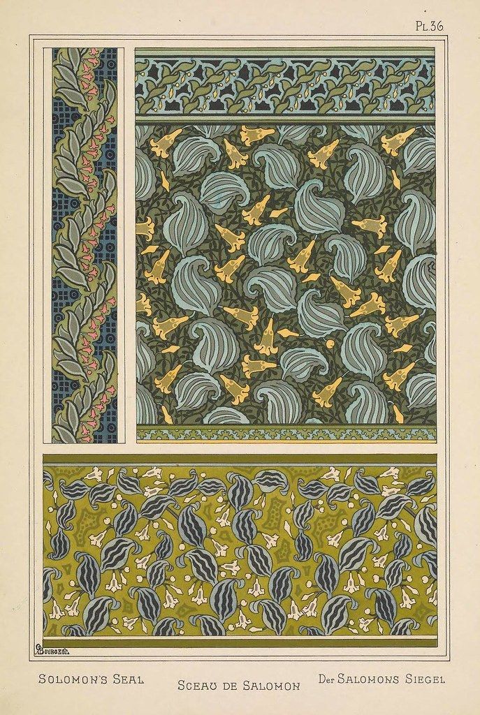 A plate from a book showcasing three different patterned designs labeled as 'Solomon's Seal' in English, French, and German.