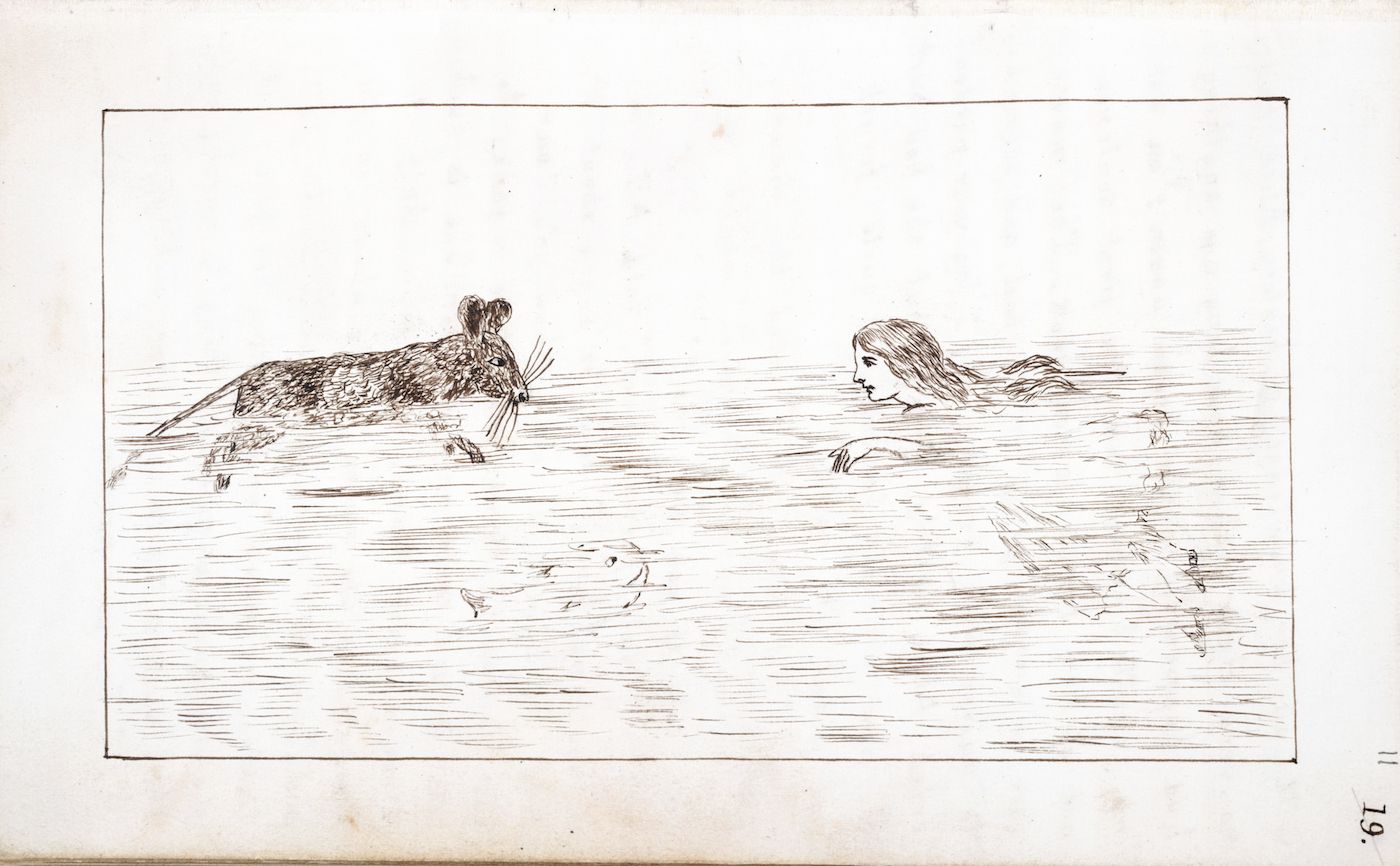 A black and white illustration of a girl swimming alongside a large mouse in water.