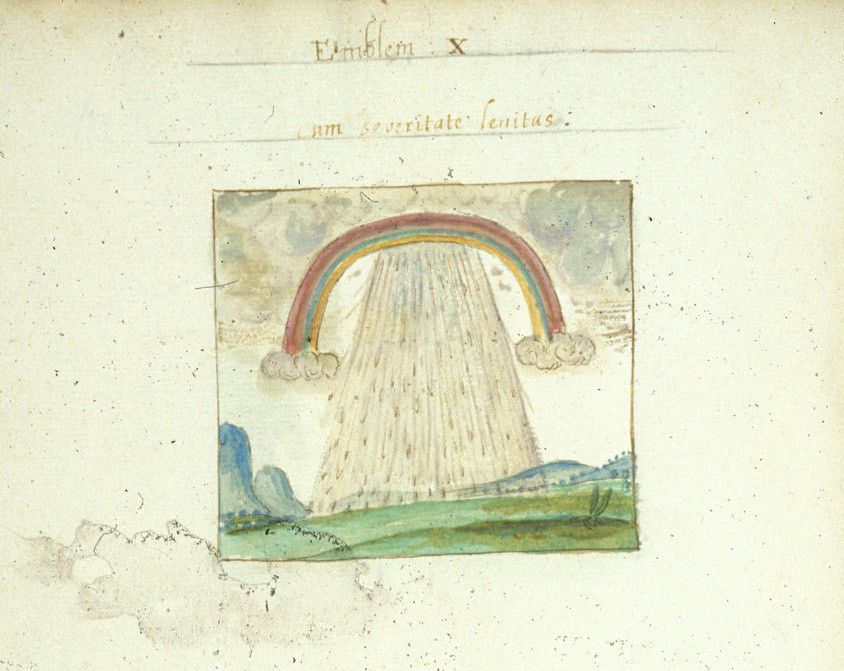 Watercolor painting of a rainbow over a landscape with handwritten text above.