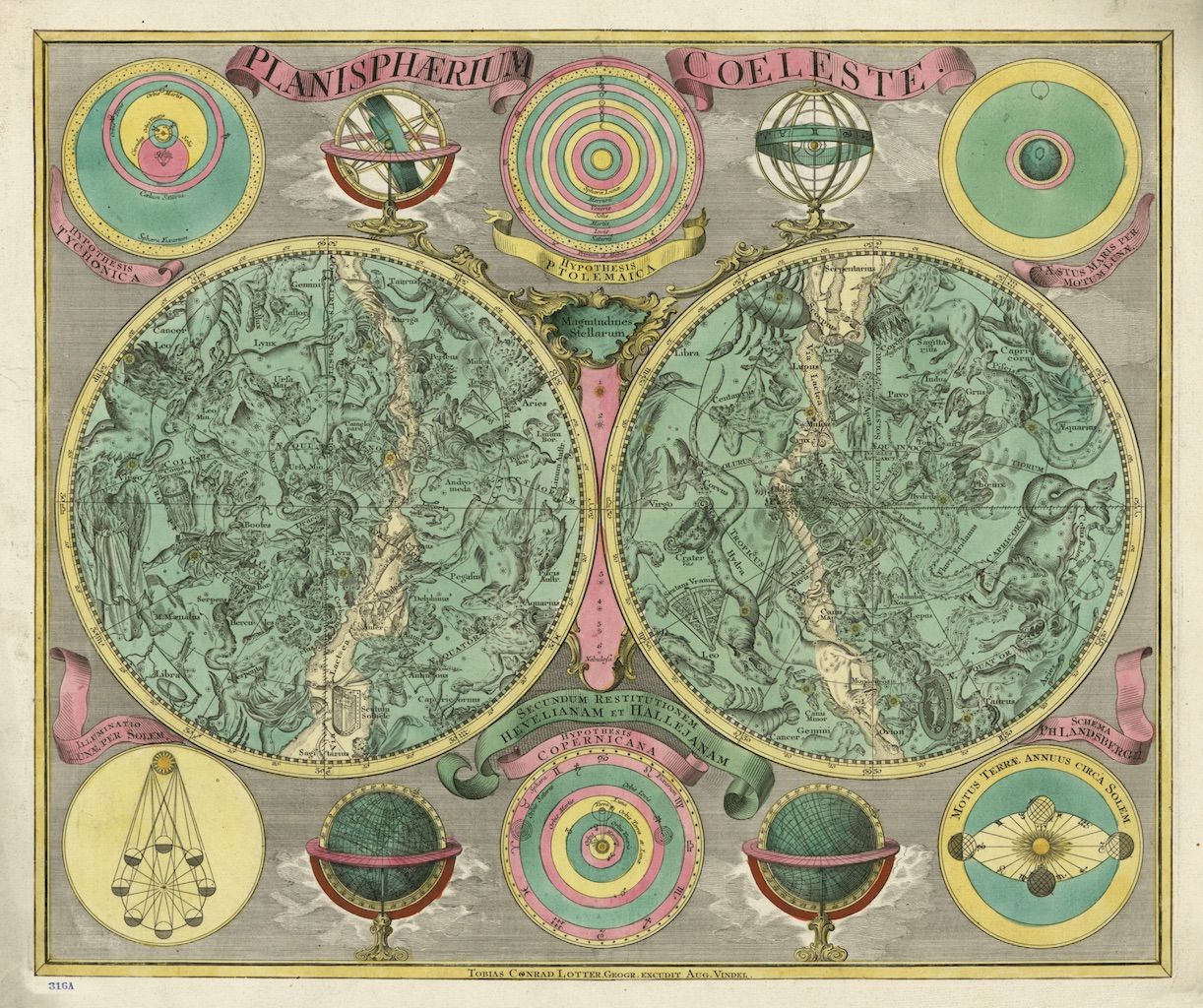 A detailed and ornate celestial map from the 17th century, featuring constellations, astronomical instruments, and diagrams of cosmological models.