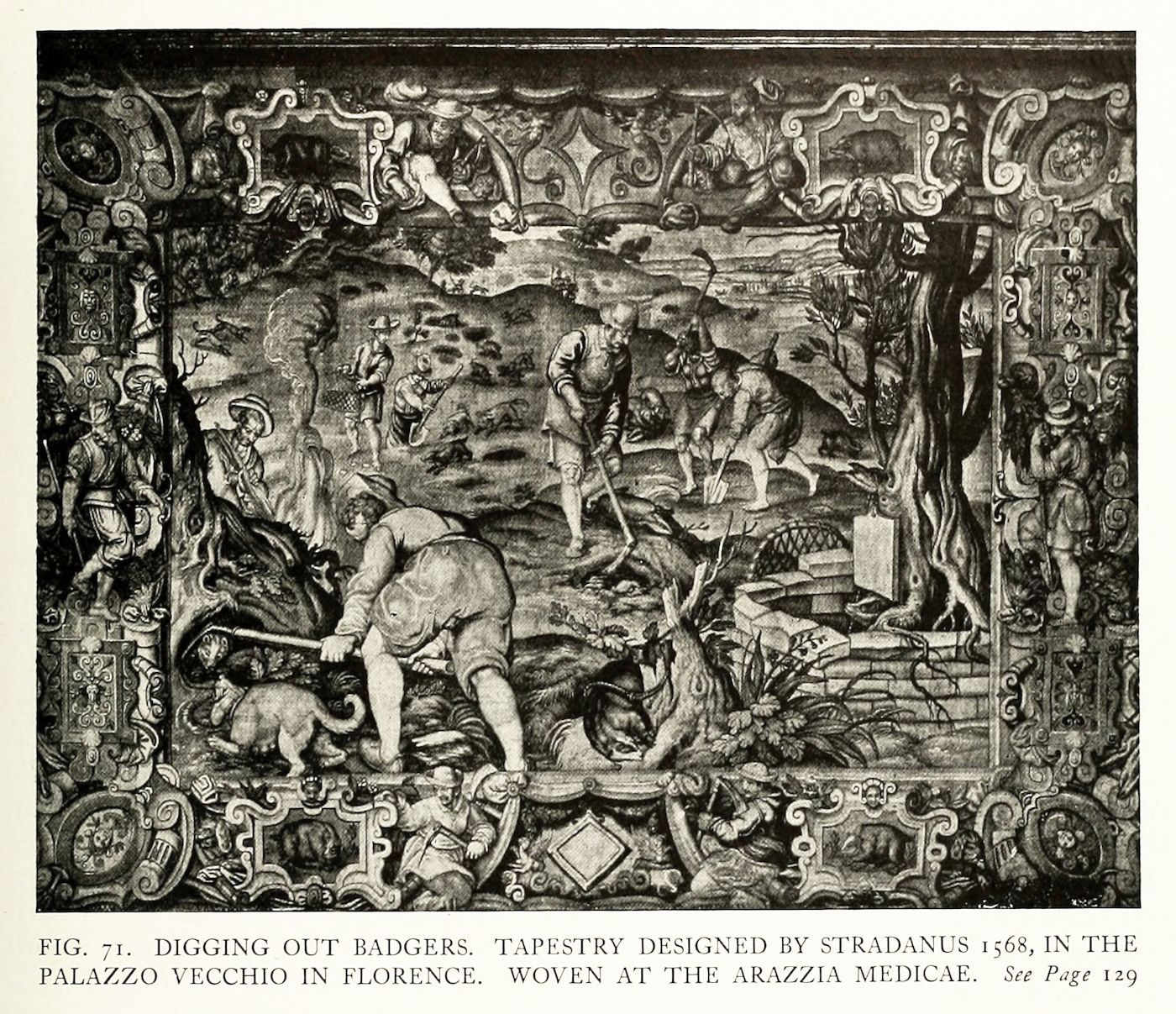 Black and white reproduction of a tapestry titled "Digging Out Badgers," designed by Stradanus in 1568 and woven at the Palazzo Vecchio in Florence.