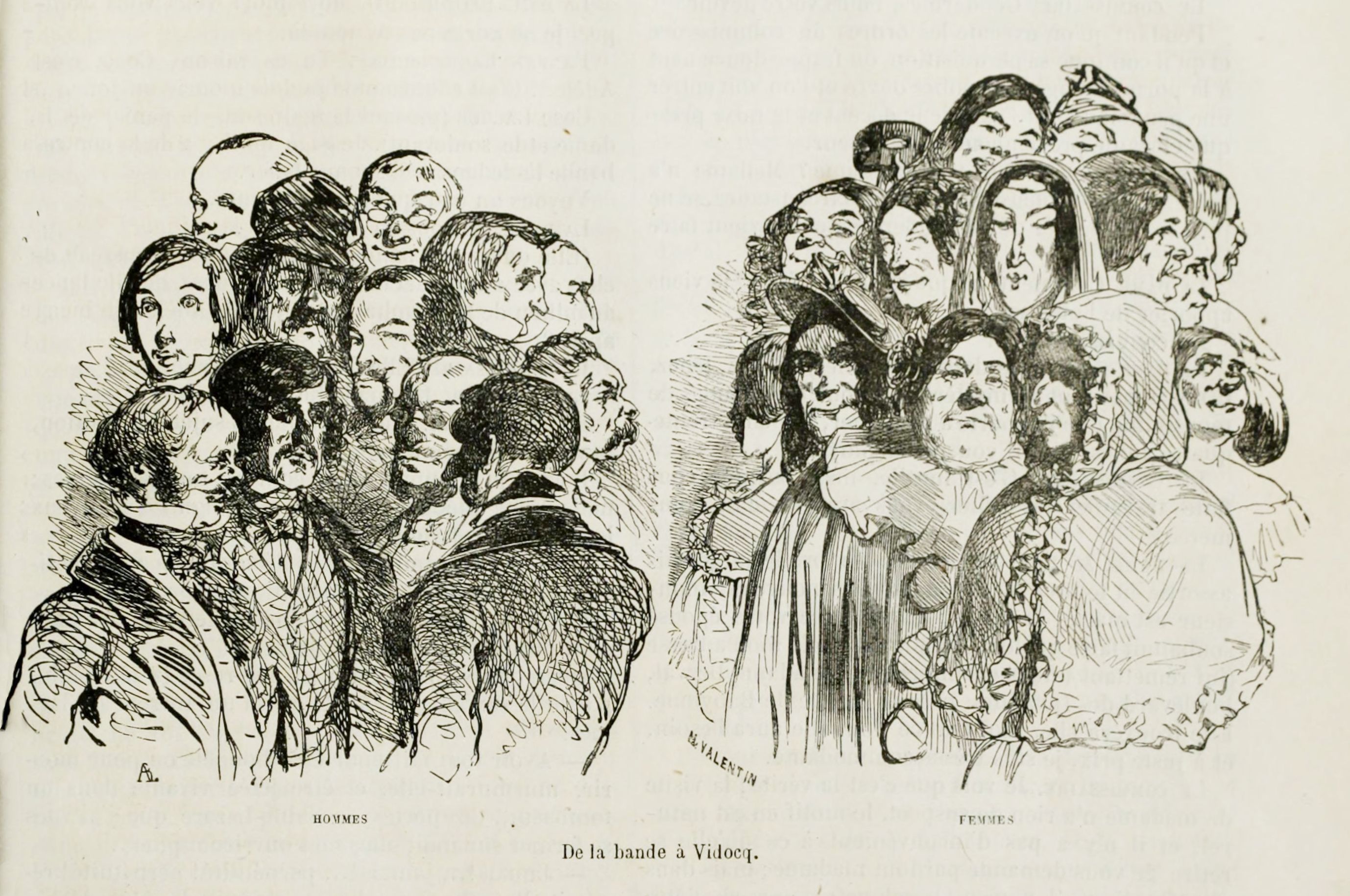 A black and white historical illustration depicting a large group of men and women, divided into two distinct sections. The style is reminiscent of a caricature or political cartoon, with exaggerated features and a focus on facial expressions.