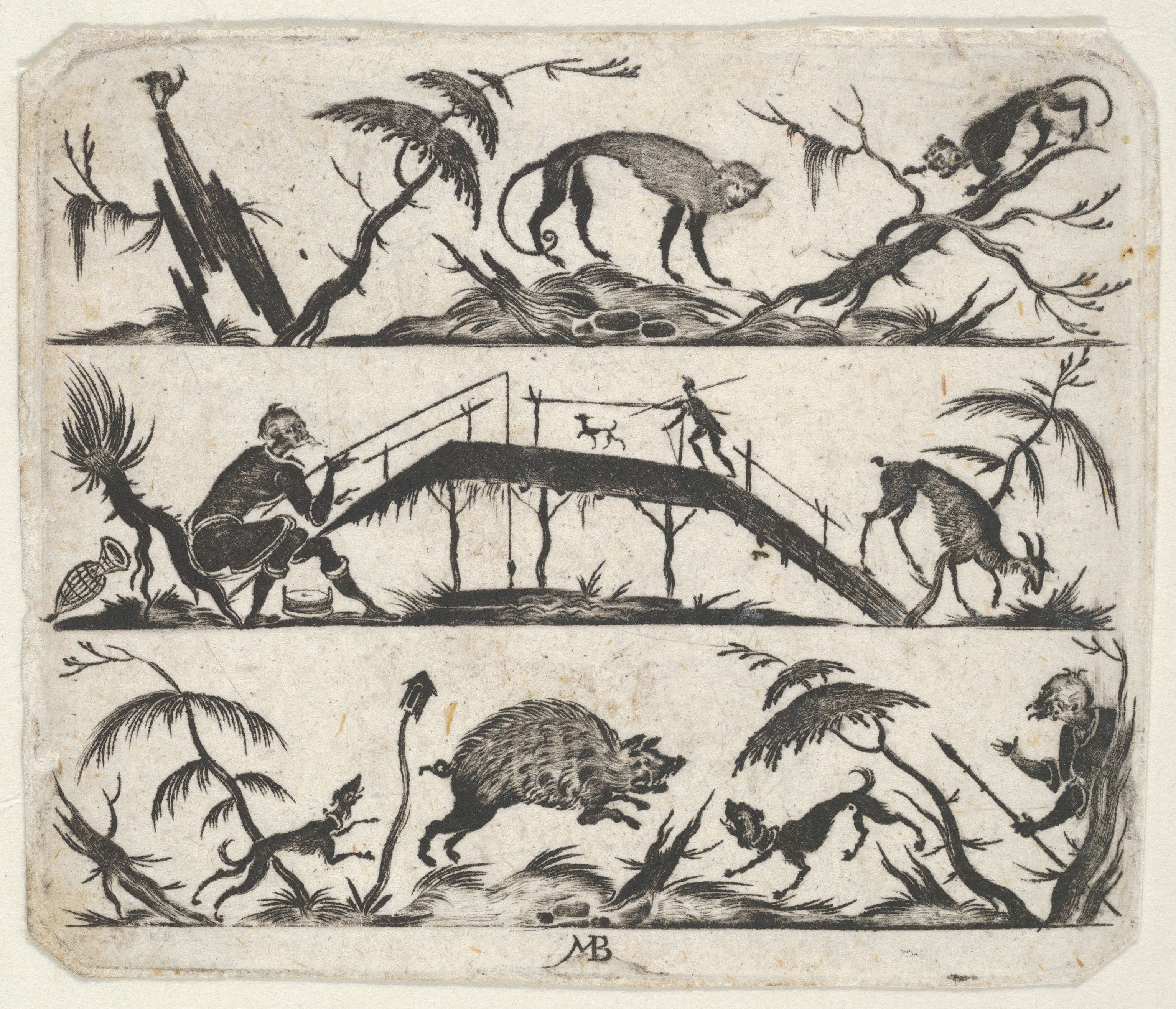 A black and white engraving depicting a complex scene with monkeys, a boar, and a person in a forest-like setting.