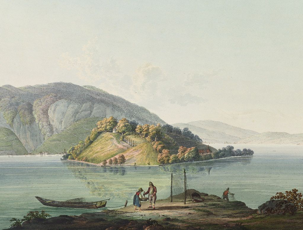 Watercolor painting of a serene landscape with a body of water, a lush green hill, and a group of people gathered near the water's edge.