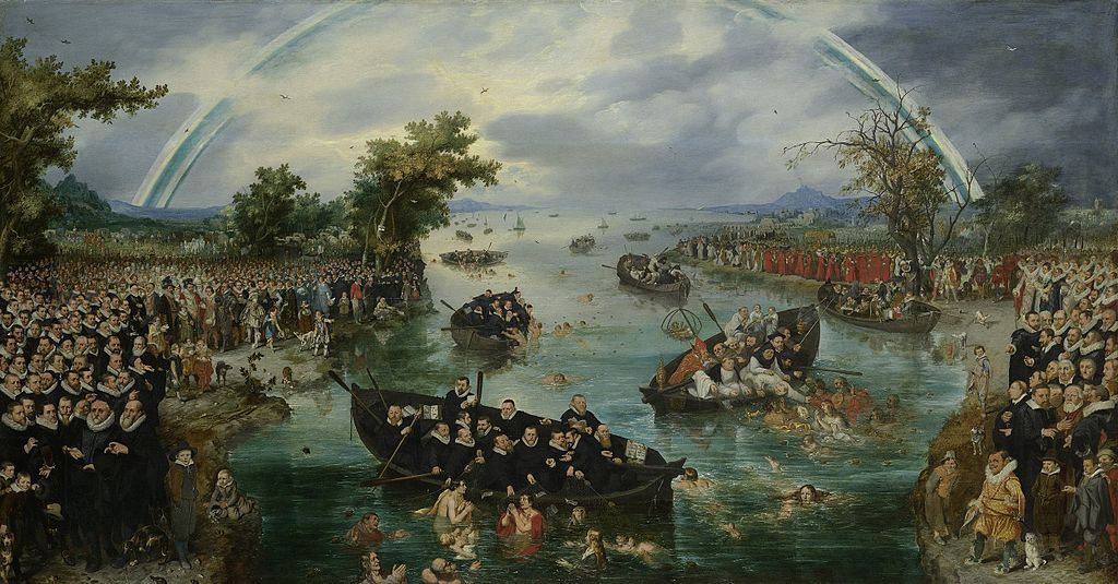 A large-scale painting depicting a bustling scene of people enjoying a river or lake, with a vibrant rainbow arcing across the cloudy sky.