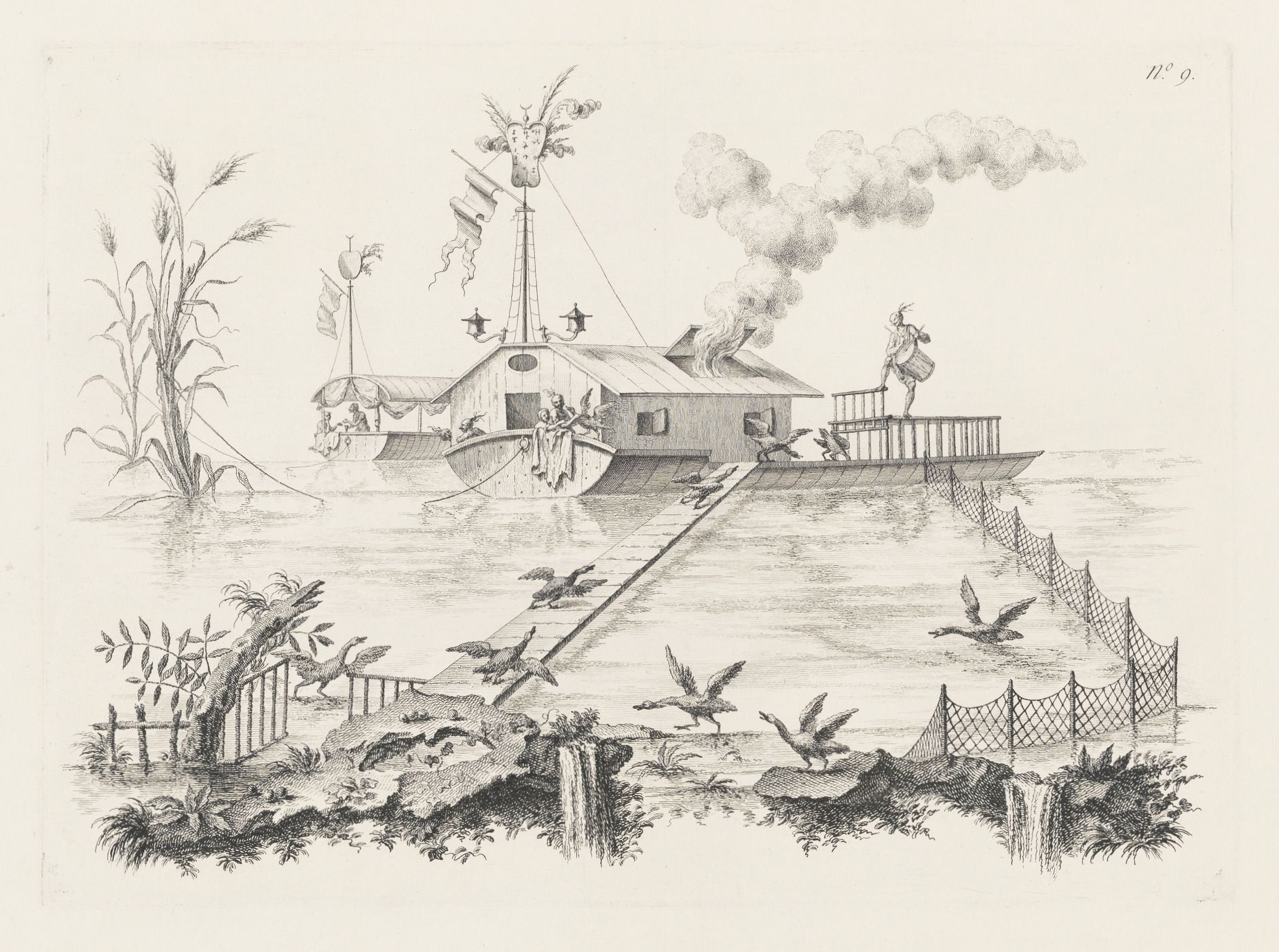 Vintage illustration of a steamboat on a river with birds and vegetation.