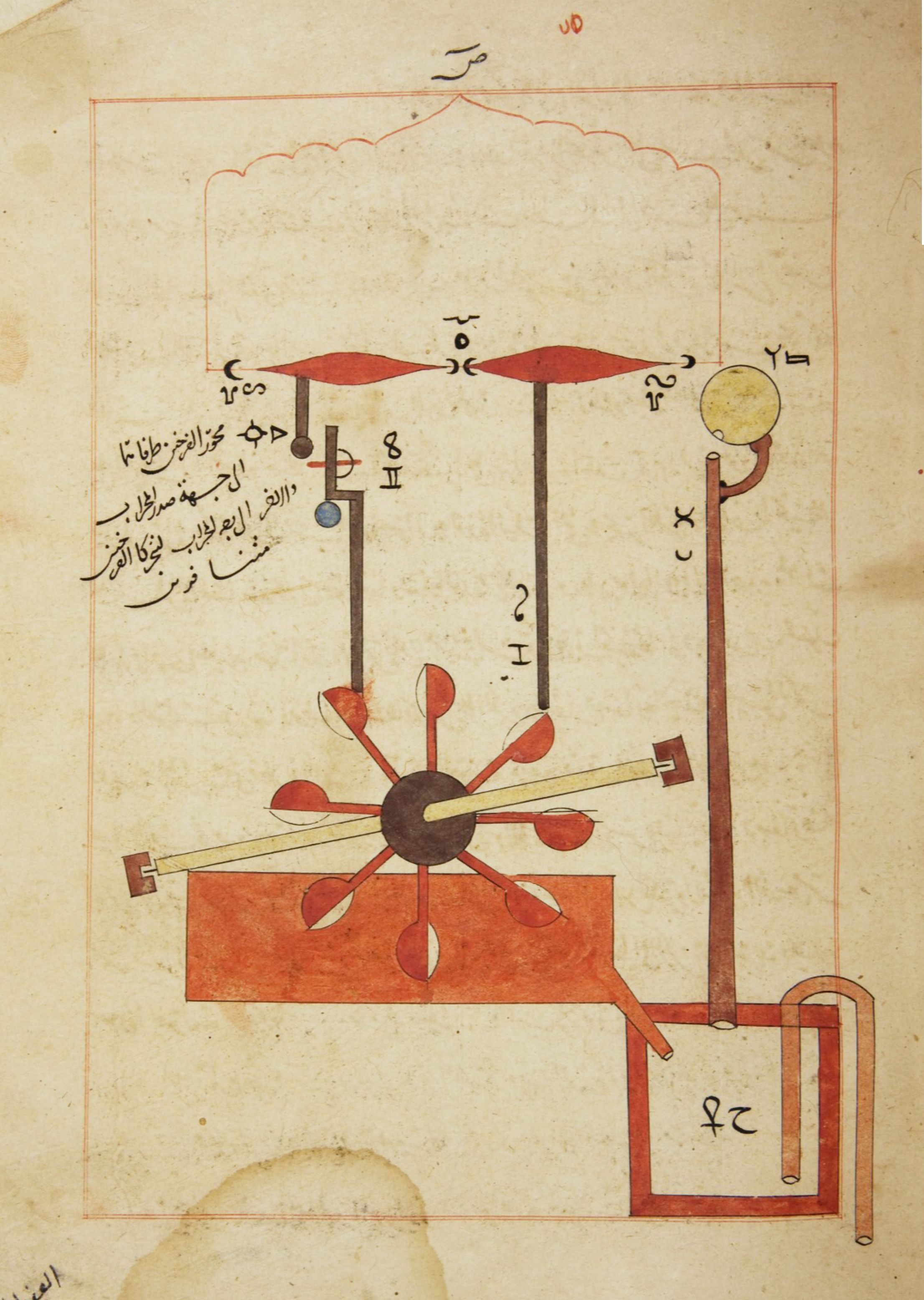 A detailed illustration of a complex machine with a water wheel, gears, pipes, and a tank, rendered in reddish-brown ink on an aged manuscript page with Arabic script.