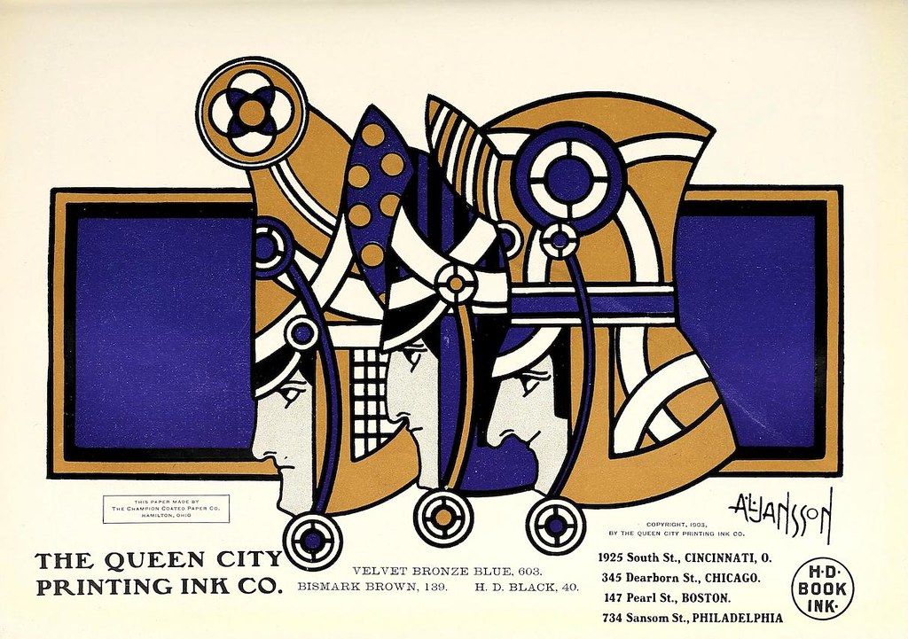 A vintage advertisement for The Queen City Printing Ink Co. featuring a symmetrical, geometric butterfly illustration in gold, blue, and brown against a red background.