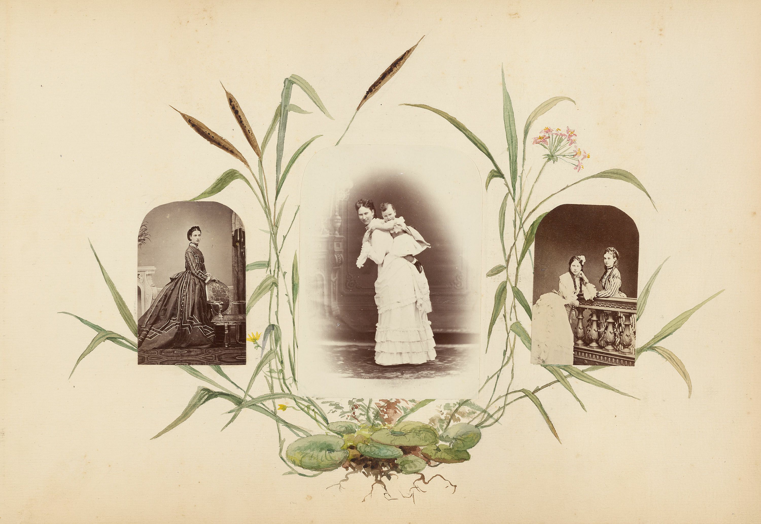 A vintage photograph featuring three portraits arranged within a decorative floral frame.
