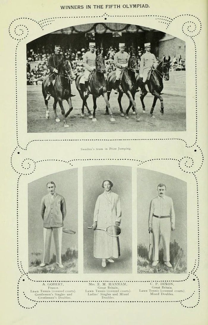 Vintage black and white photograph from the Fifth Olympiad showcasing winners in Prize Jumping and Lawn Tennis.