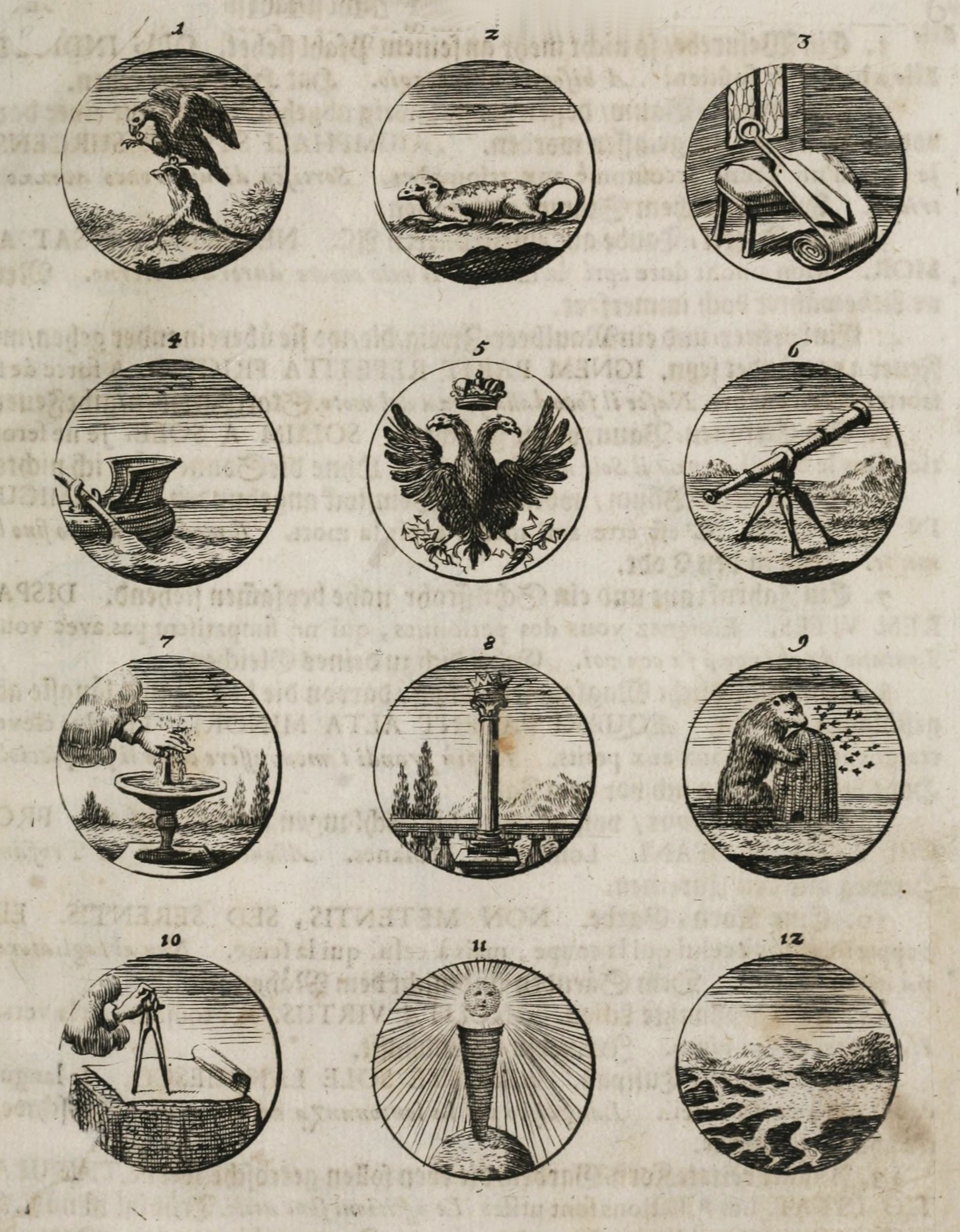A vintage illustration featuring twelve circular emblems or seals arranged in a grid, each containing a unique design rendered in a detailed, engraved style.
