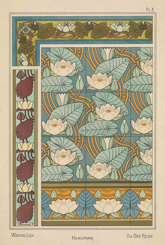 A vintage art nouveau illustration of a repeating floral pattern, specifically water lilies, within a decorative frame.