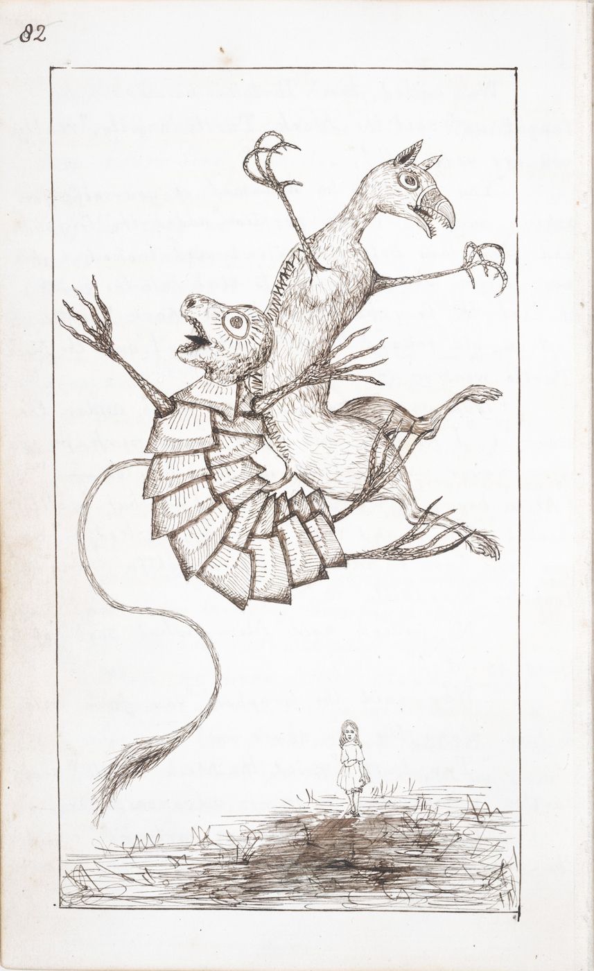 A black and white illustration of a fantastical creature with two heads hovering over a small child in a field.
