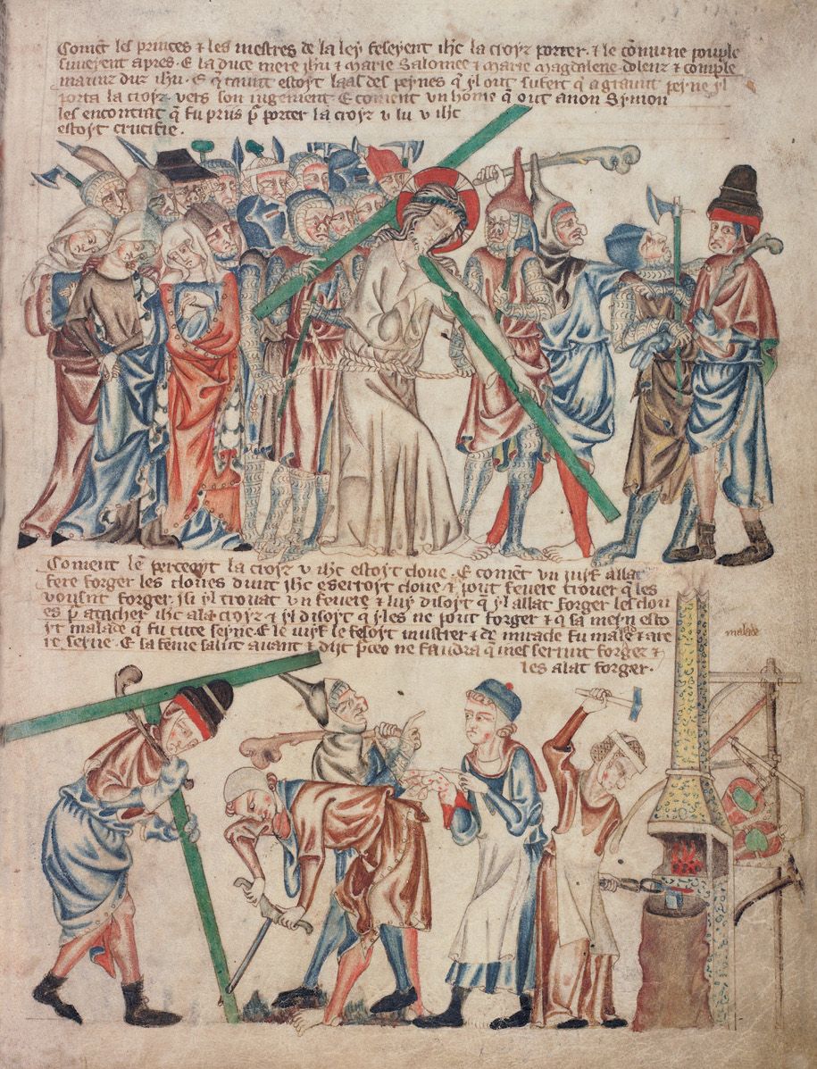 A medieval manuscript illustration depicting the raising of a large wooden cross in two separate scenes. The scenes show groups of men using ropes, levers, and pulleys to lift the cross, with colorful clothing and detailed backgrounds.