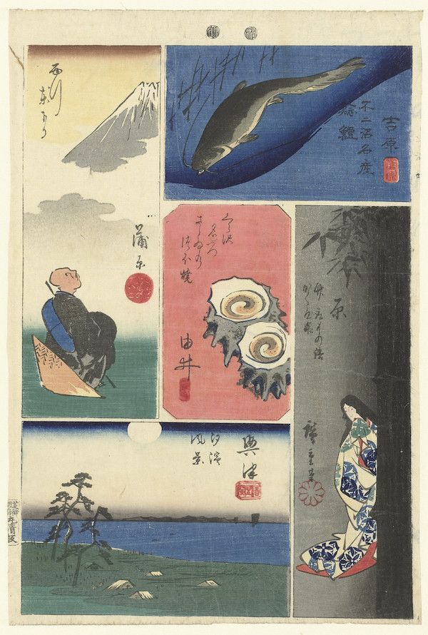 A Japanese woodblock print composed of six rectangular panels arranged in a 2x3 grid. The overall color palette is muted, with blues, grays, reds, and whites dominating. Each panel depicts a different subject, likely related to the seasons or natural elements.