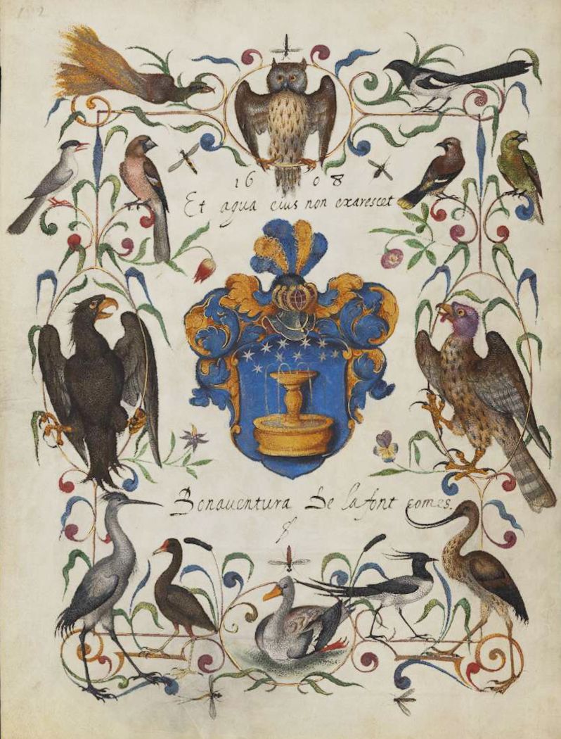 An antique illustration featuring a coat of arms surrounded by birds and floral ornaments, with Latin inscriptions above and below.