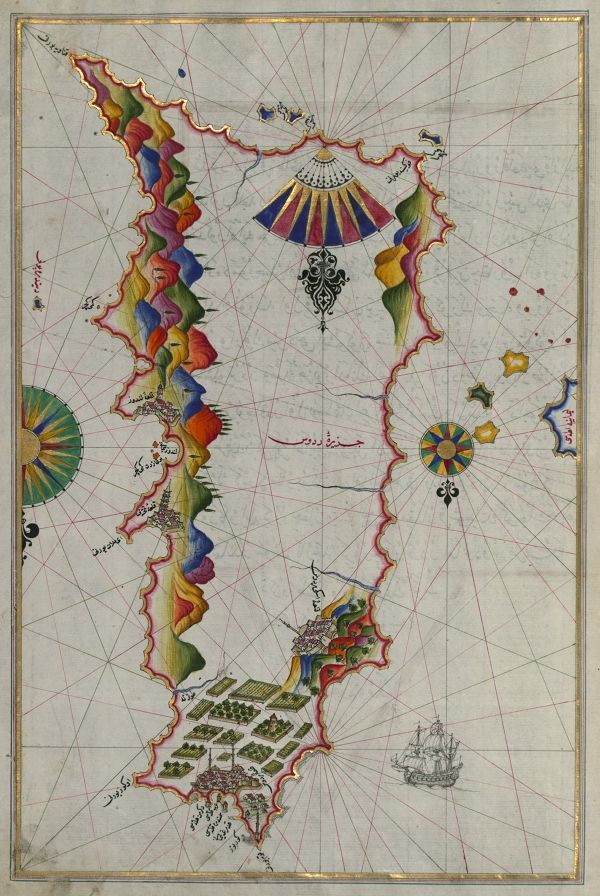Antique map with colorful coastline and sea.
