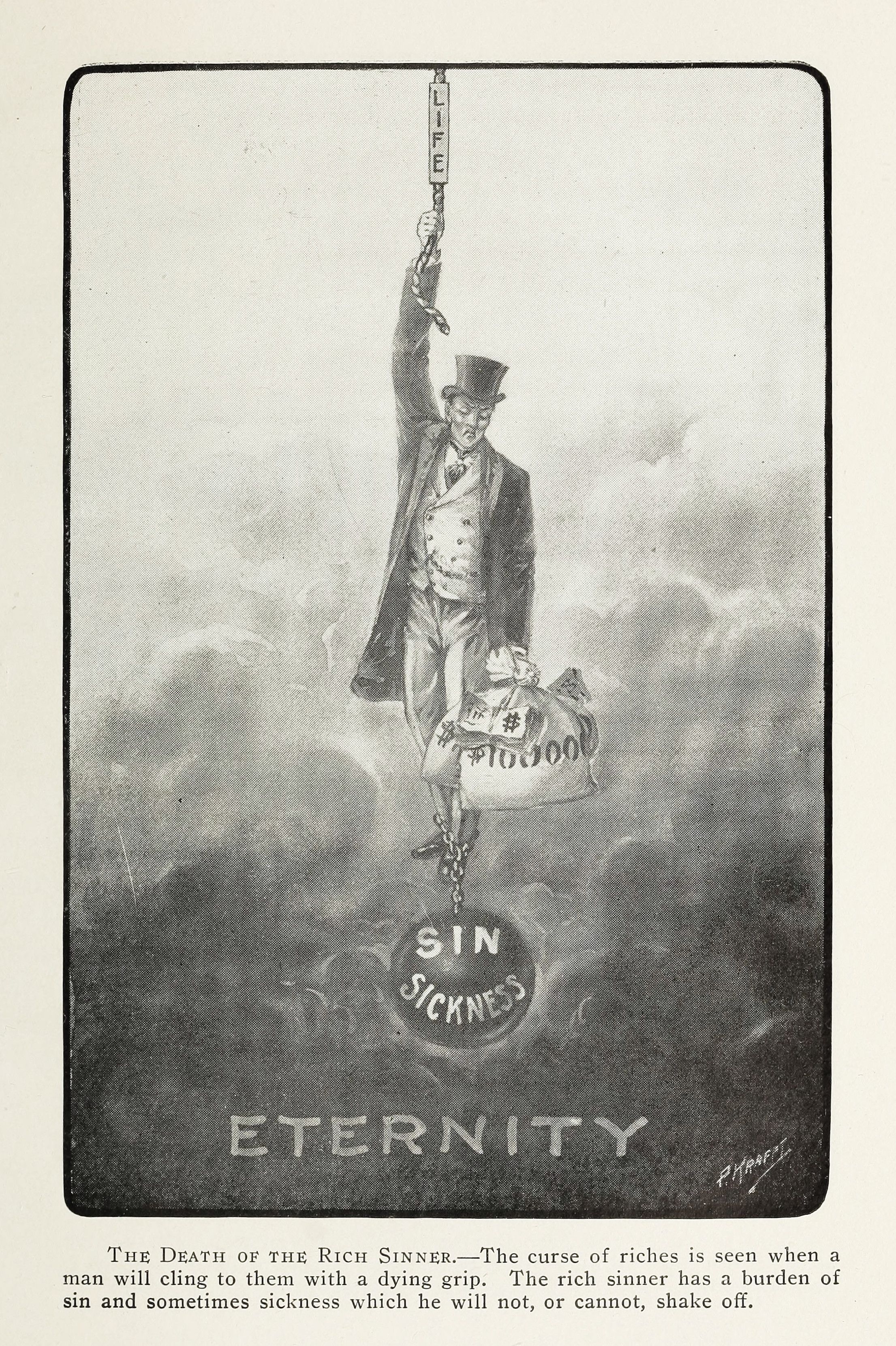 A vintage illustration depicting a man in formal attire falling towards 'Eternity', weighed down by money and burdened by 'Sin' and 'Sickness'.
