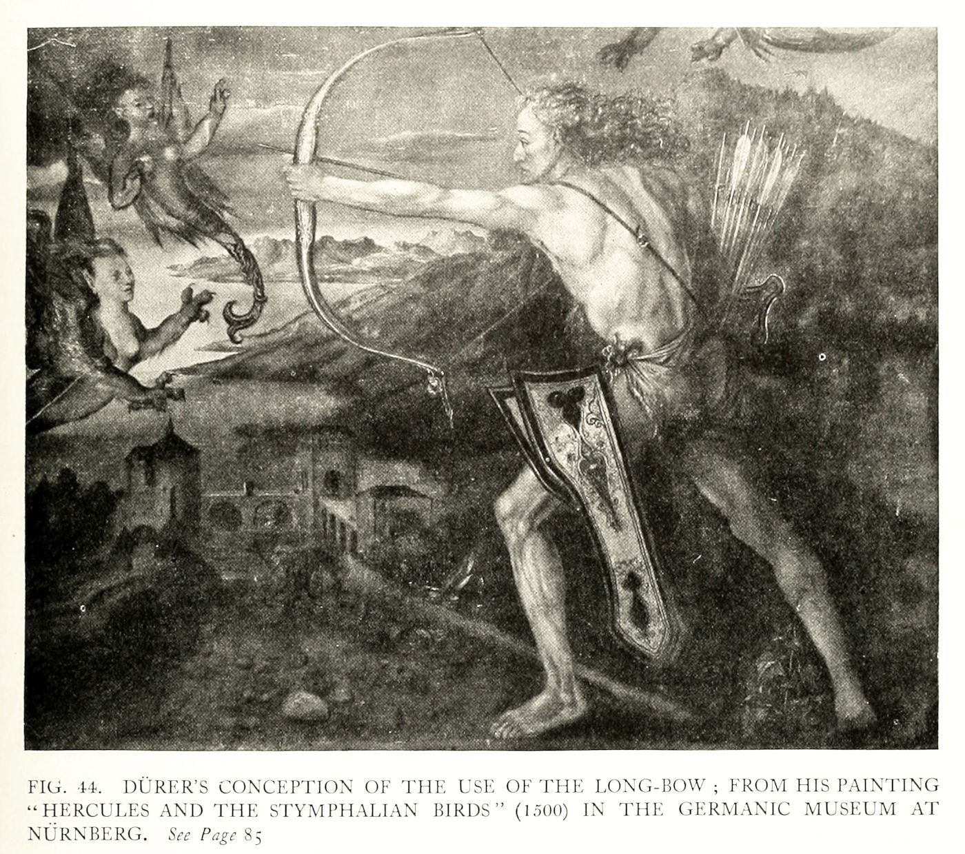 A black and white image of a painting titled "Hercules and the Stymphalian Birds" by Dürer, created in 1500. The painting depicts a muscular man, presumably Hercules, in a dynamic pose, drawing a large, curved longbow.