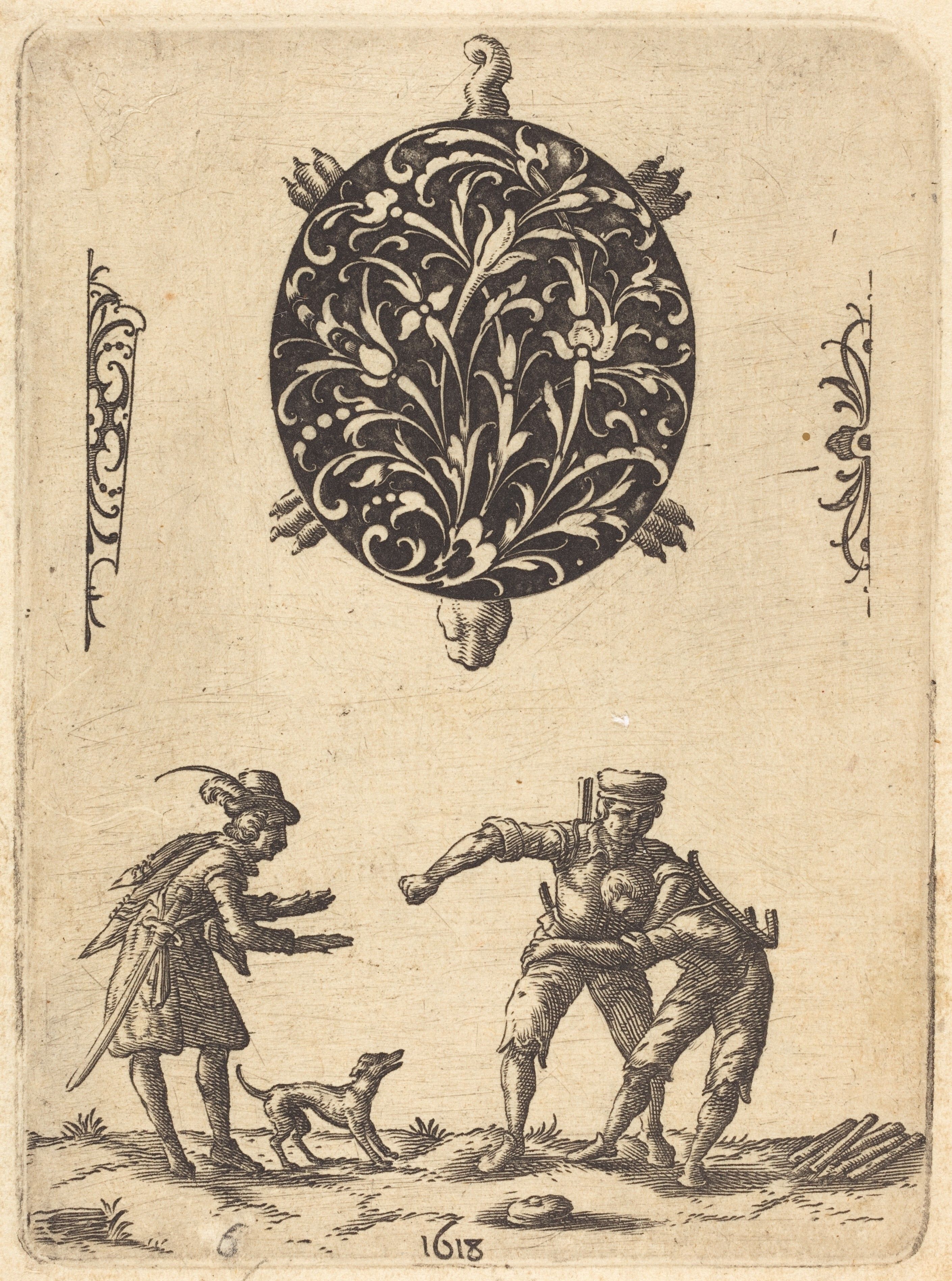 A black and white engraving depicting a turtle above two men in a confrontation with a dog between them. The date '1618' is visible at the bottom center of the image.