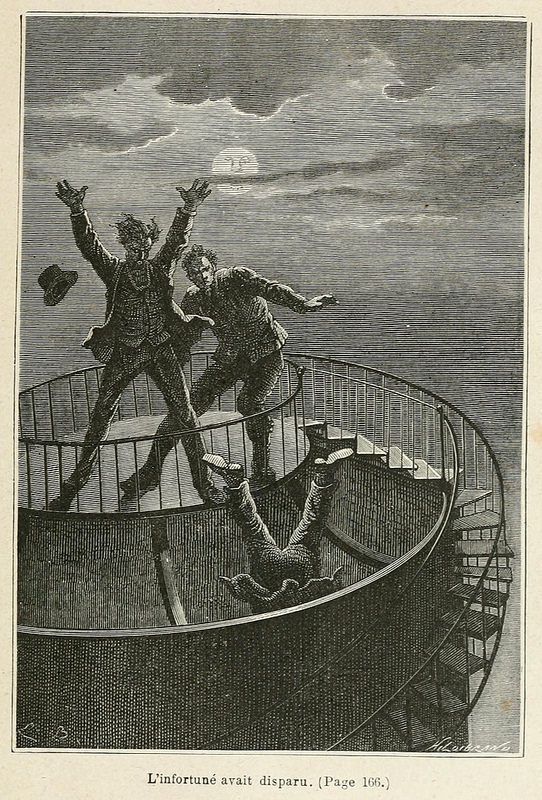 Vintage illustration of a struggle on a circular platform with a spiral staircase, depicting a dramatic fall.