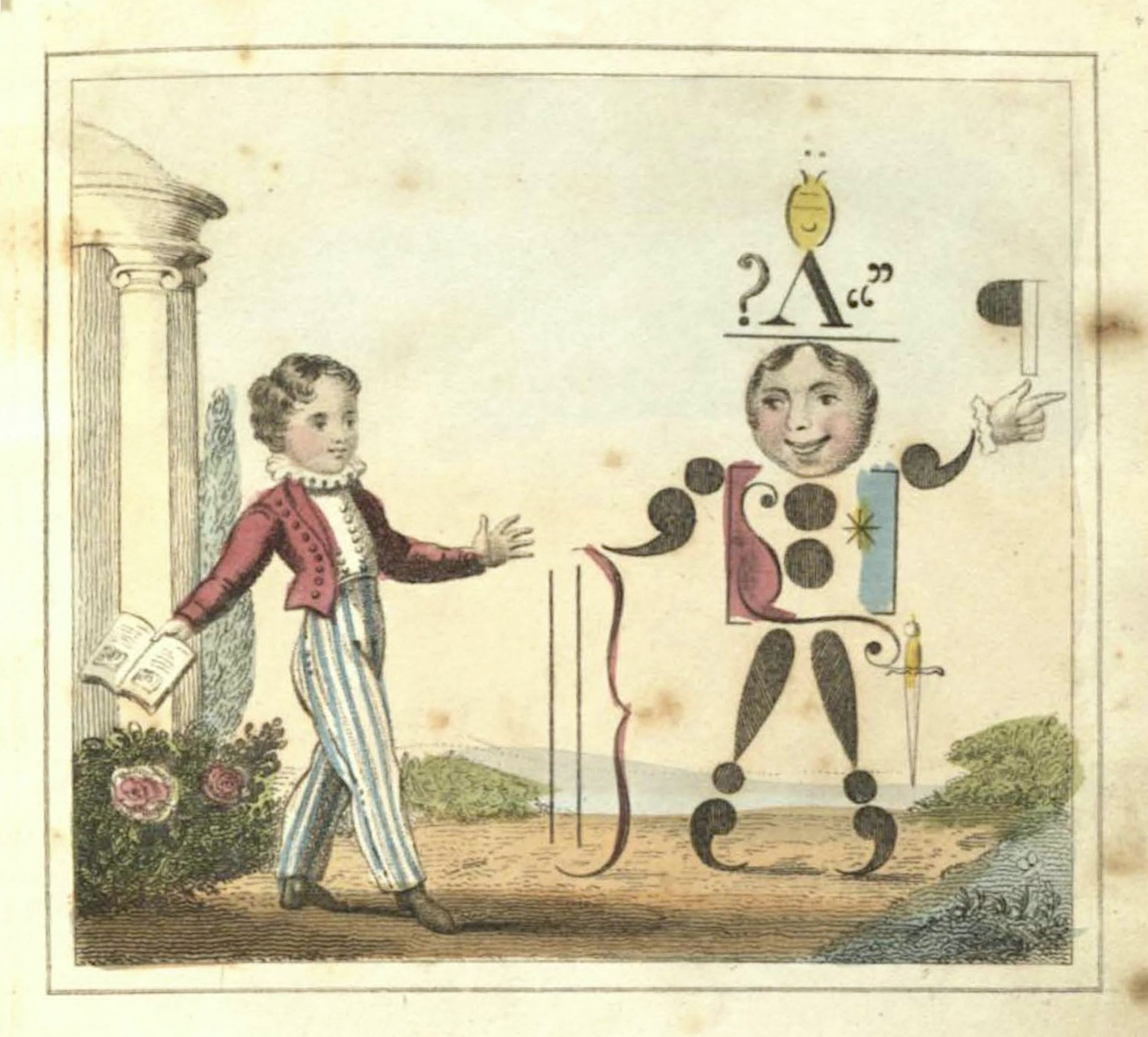 A vintage illustration of a young boy presenting a musical figure made of notes and symbols.