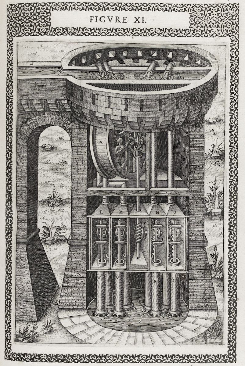 A detailed black and white engraving of a complex clock mechanism housed within a tower-like structure.