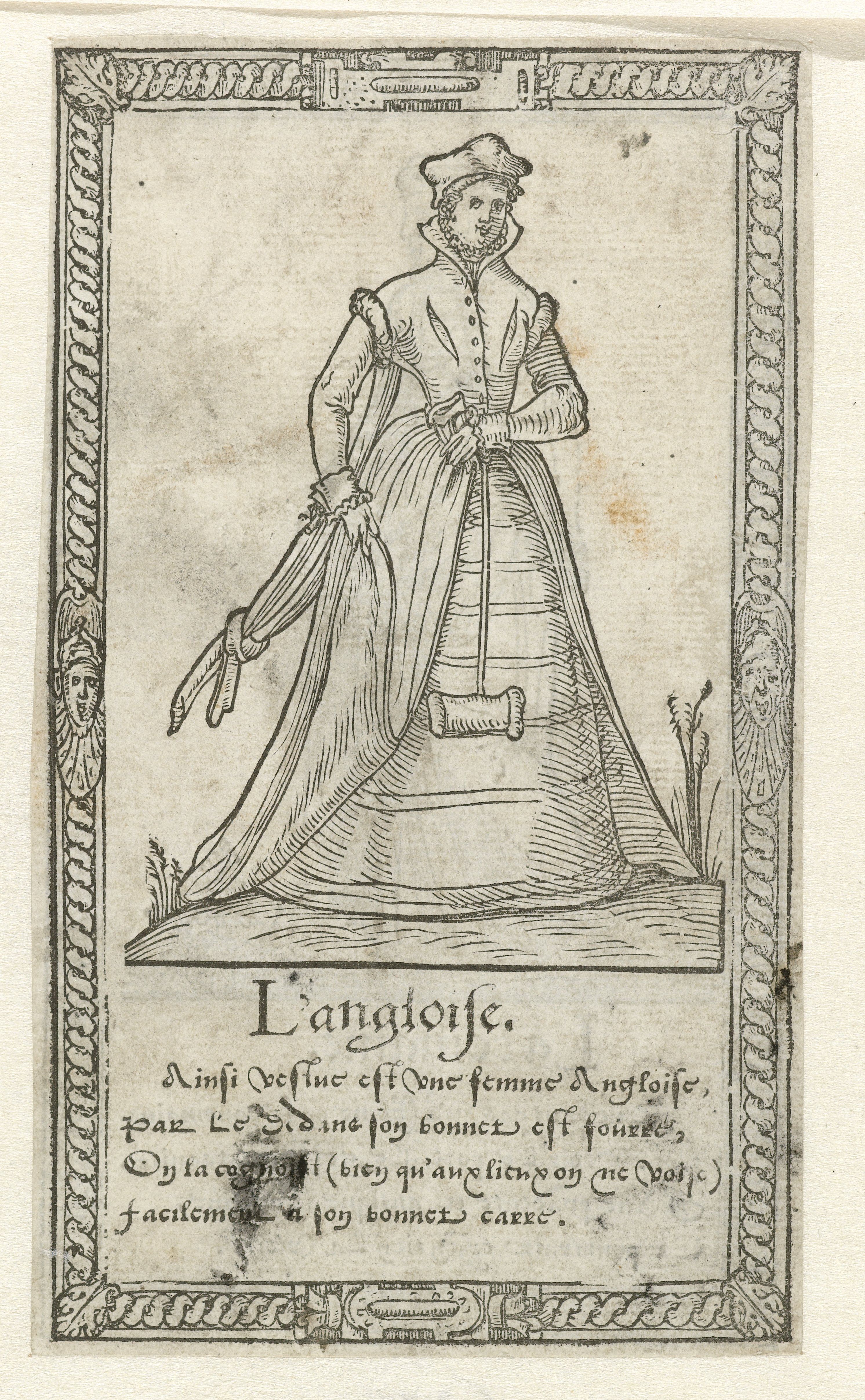 A black and white engraving of a woman in 16th-century English attire, kneeling and holding a patterned cloth. The image is framed by a decorative border and accompanied by text in French.
