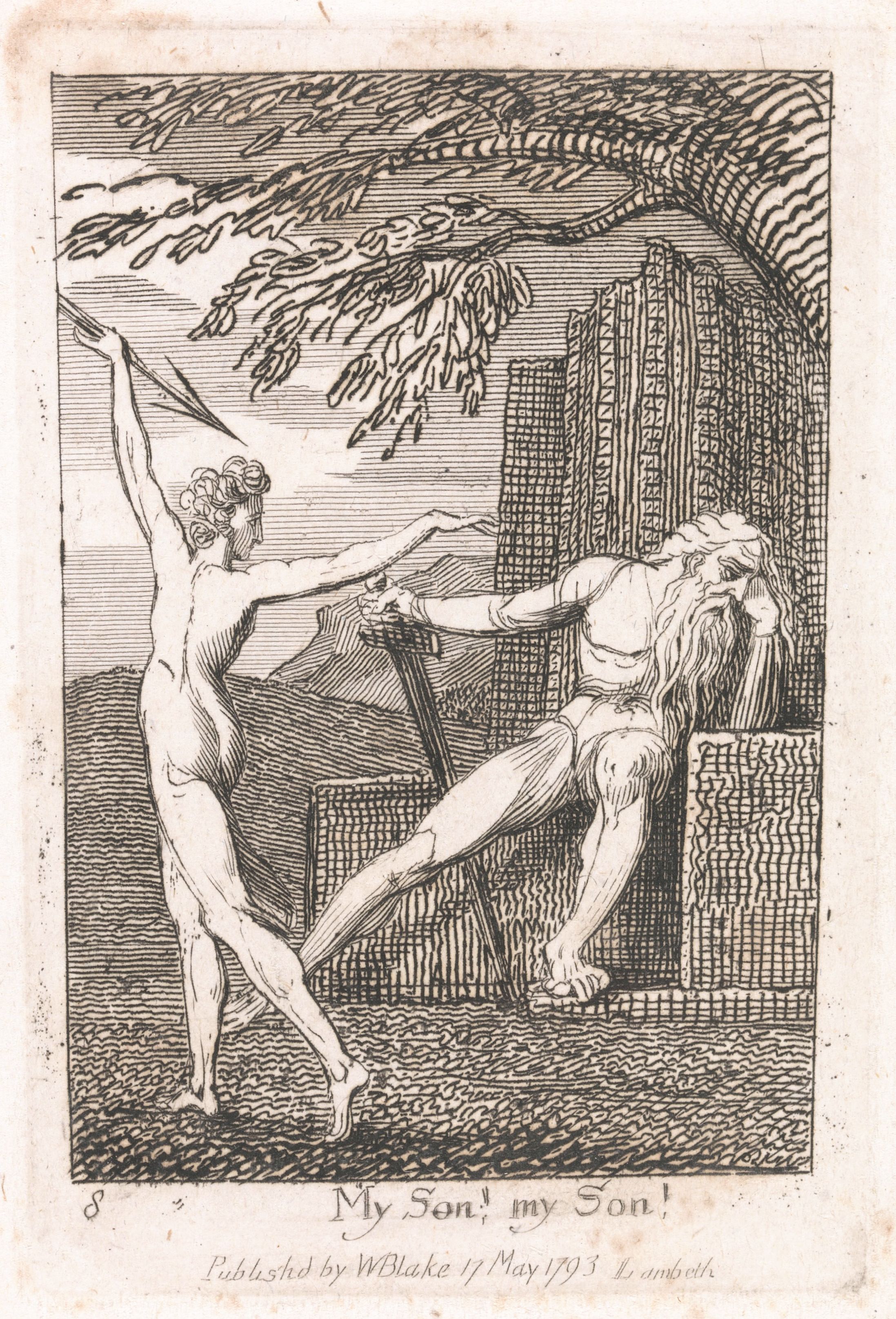 A black and white engraving depicting two nude male figures in a dramatic pose, with a tree and building in the background. The text at the bottom reads "My Son! my Son!" and "Published by W. Blake 17 May 1793. Lambeth".