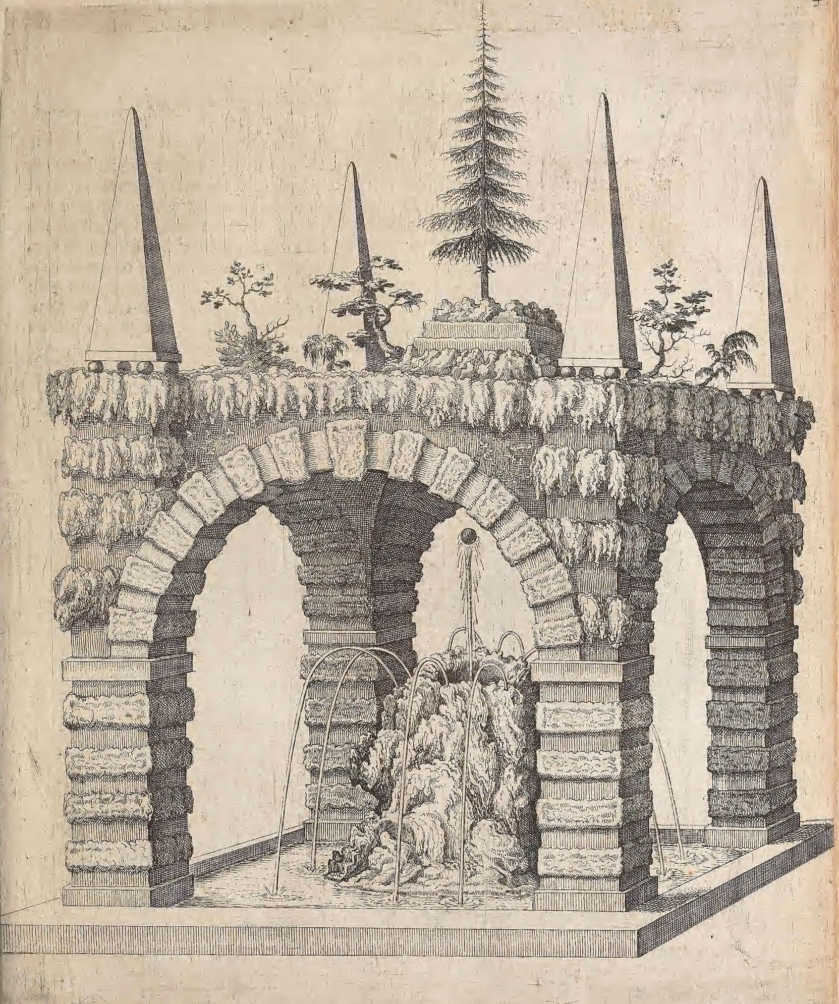 A black and white engraving of a square fountain with four arched openings, built from rough-hewn stone blocks. Small trees and plants are arranged on top of the structure, and four tall spires rise from the corners. Water is spraying upwards from the center of the fountain.