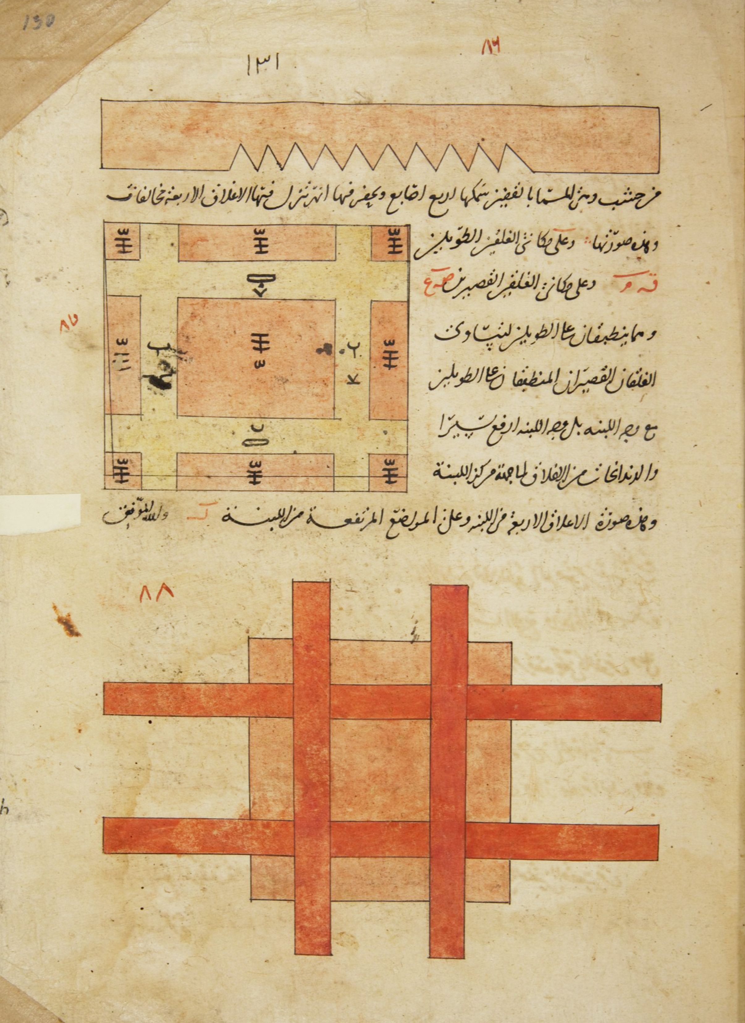 A page from an old manuscript with a complex diagram of a red cross surrounded by squares and rectangles filled with Arabic script.