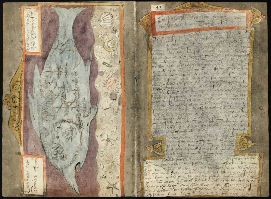 Open page from a medieval book with a detailed illustration of a fish on the left and dense handwritten text on the right.